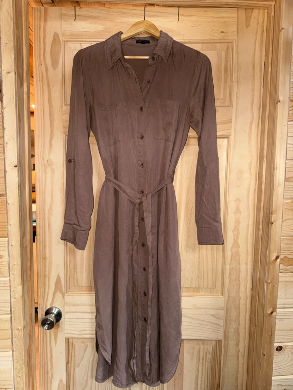 Long Sleeve Button-Front Shirt Dress in Light Brown
